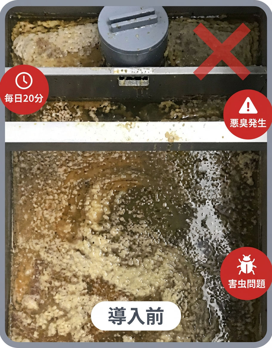 導入前のグリストラップ：悪臭・害虫発生